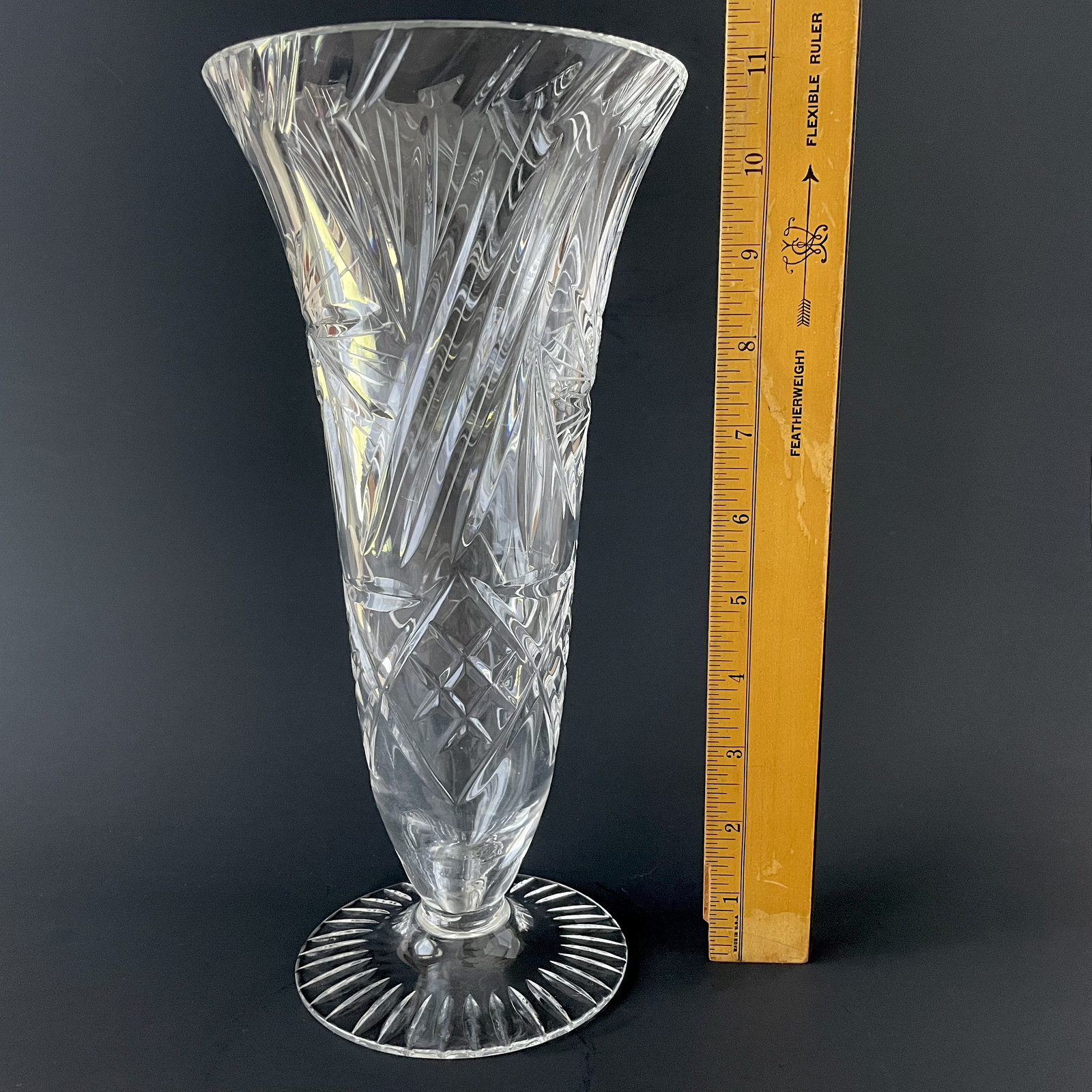 Vintage Cut Crystal Trumpet Vase 11″ Clear Starburst Pinwheel Etched Star Heavy