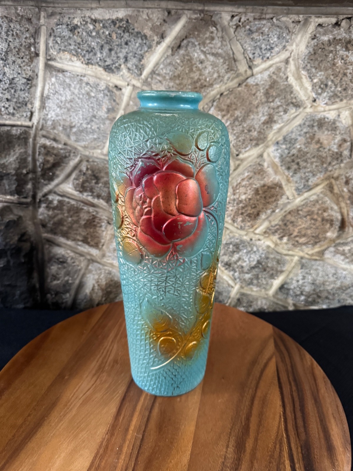Vintage Goofus Glass Vase Rose Pattern Raised Design 14.5″