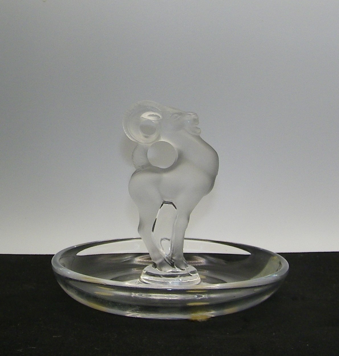 Lalique France Aries Zodiac Ram Frosted Crystal Ring Dish Signed Perfect Case