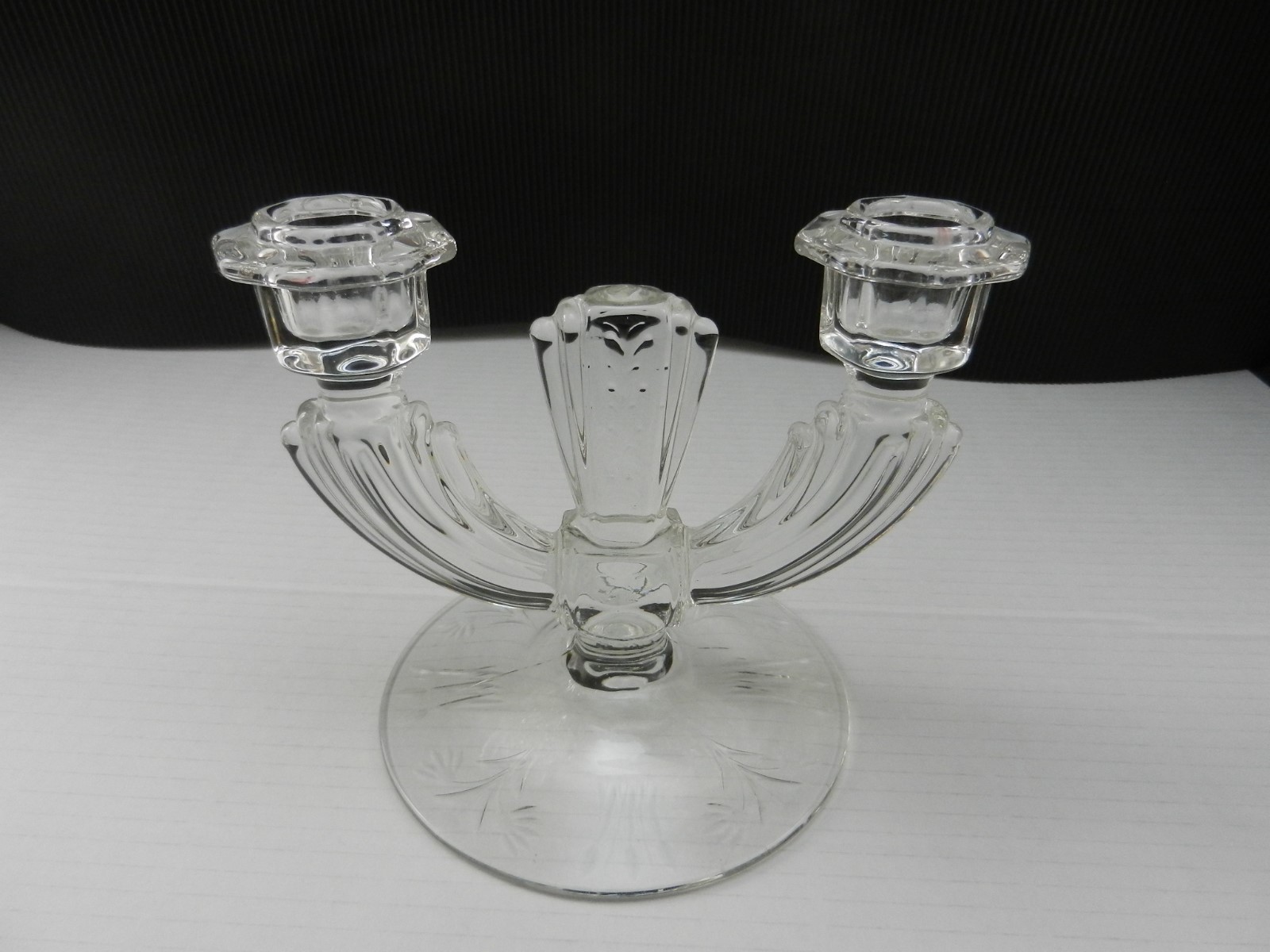 Tiffin US Glass #15360 Dual Light Candlesticks 2 Clear Cut 7″ Arms ca 1930-40’s