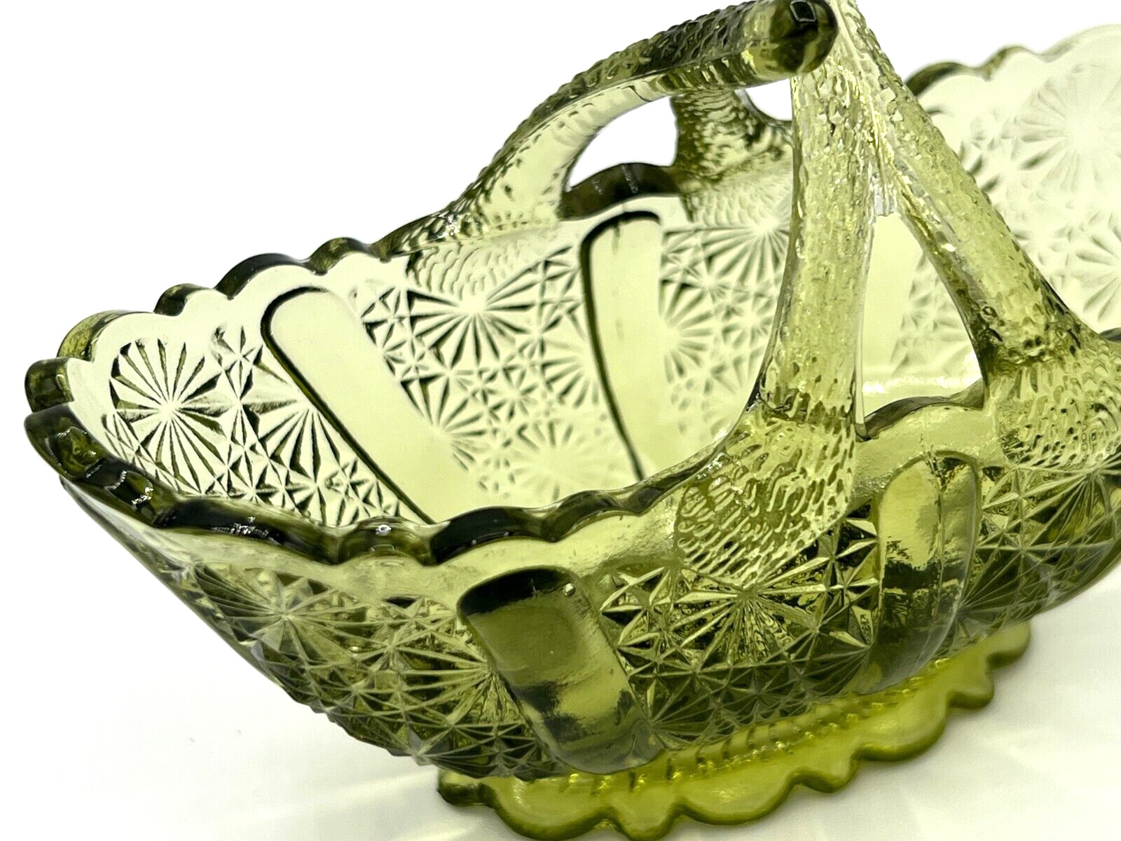 Fenton Art Glass Colonial Green Glass Basket American Classic Twig Handle EUC
