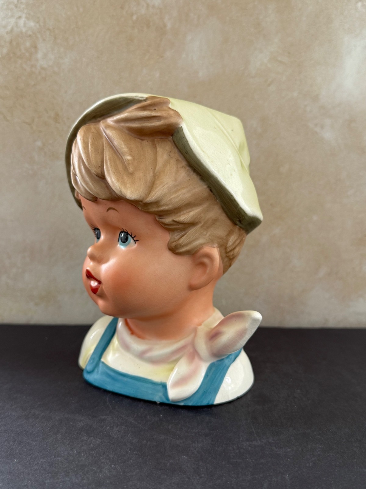 VINTAGE LADY HEAD VASE BRINNS BLONDE YOUNG BOY HAT SCARF 6.5”