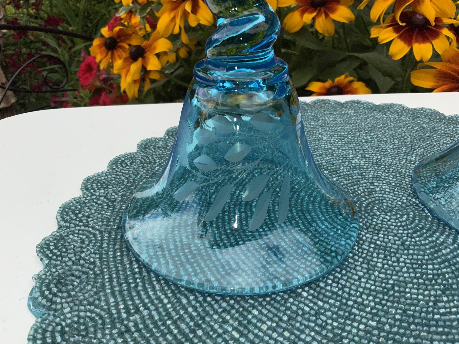 U.S. Glass #315 Blue Bell Twist Swirl Candlesticks Floral Etched Detail Pristine