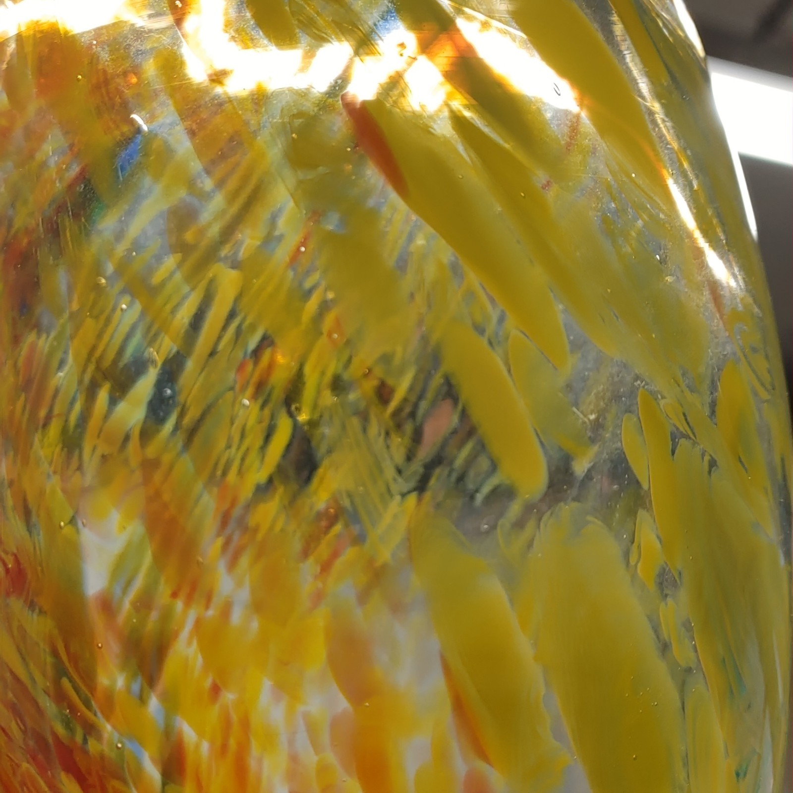 Art Glass Vase Red Yellow Green 8.5″