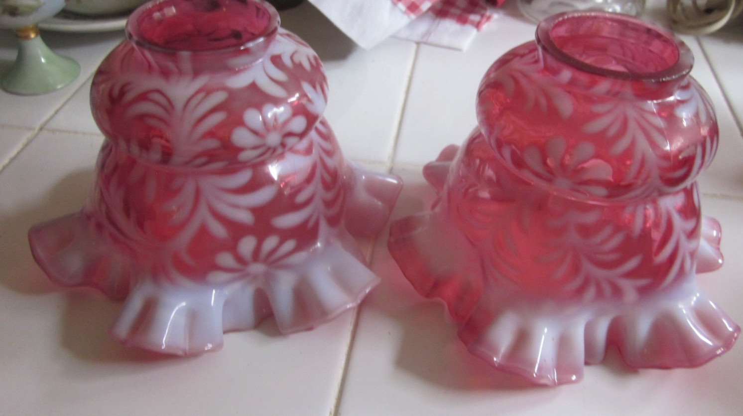 Pair gorgeous Fenton Cranberry Opalescent double crimped daisy & fern shades