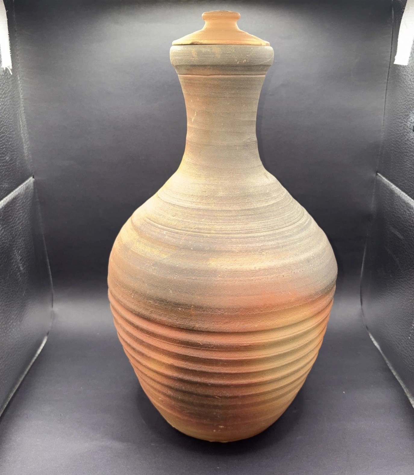 Adrian Cotter Large 14″ Lidded Vase Ribbed Studio Pottery AC Stamped NZ Art MCM
