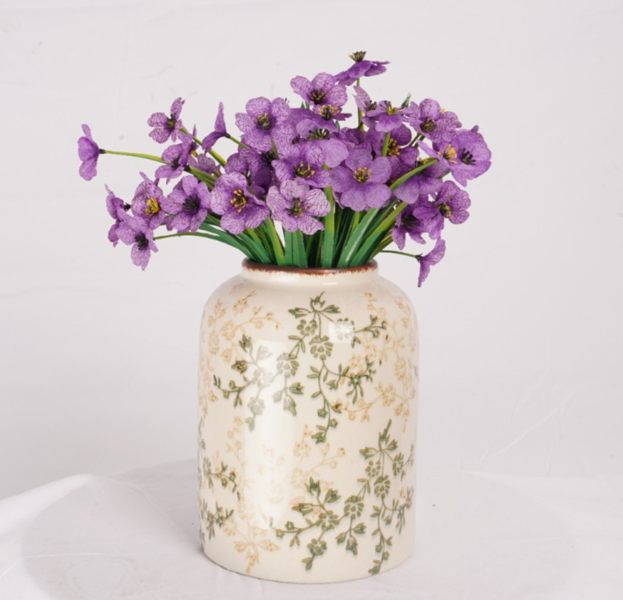 4*6*8rural Style Cylindrical Flower Ceramic Vase+purple Fake Flowers (set Of 6)