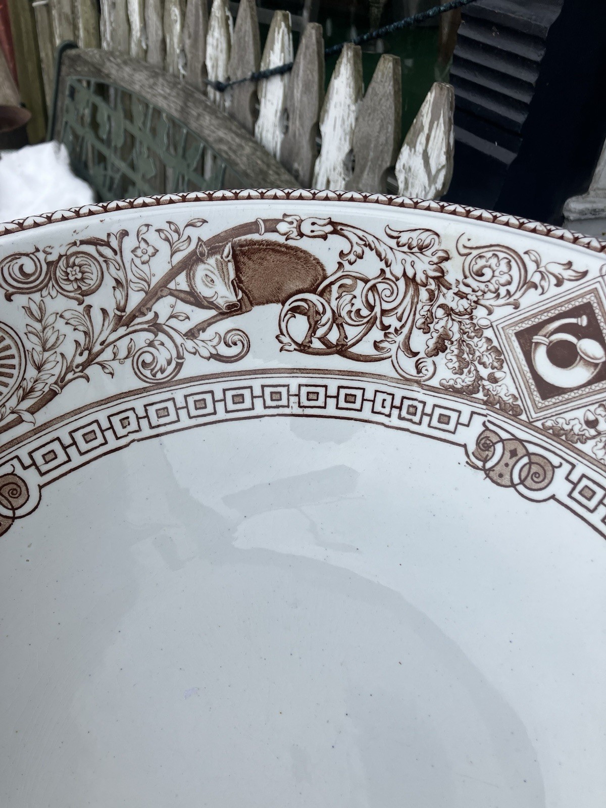 Antique Brown Transferware Wash Basin Bowl Ironstone Stag Boar Hunt Brownfield