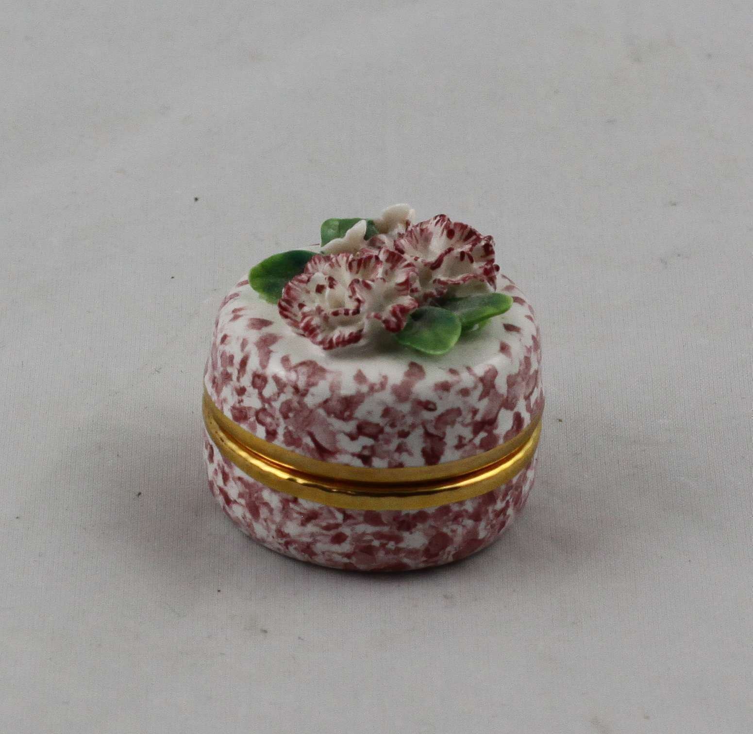 Vintage Fine Porcelain Pink Floral Cake Trinket Box with Dragonfly Interior