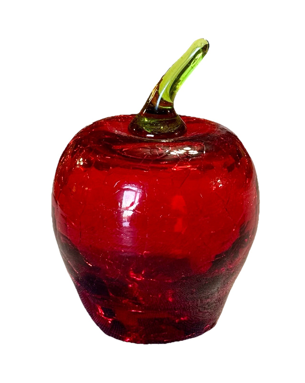 Vintage Rainbow Ruby Red Crackle Glass Apple Green Stem Figurine Paperweight