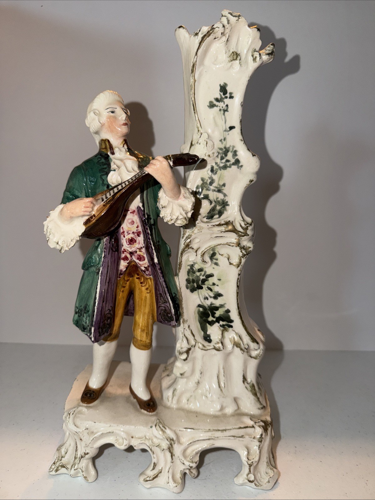 French Dresden Style Man hurdy-gurdy rococo scroll base Vase Mandolin Ornate