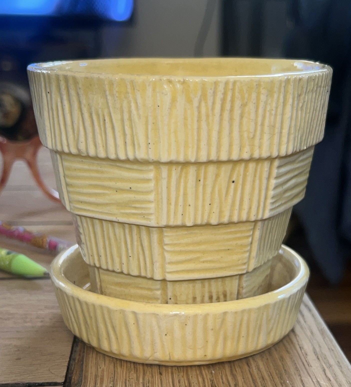 Vintage 4 Inch McCoy Yellow Patchwork Basket Weave Planter Flower Pot