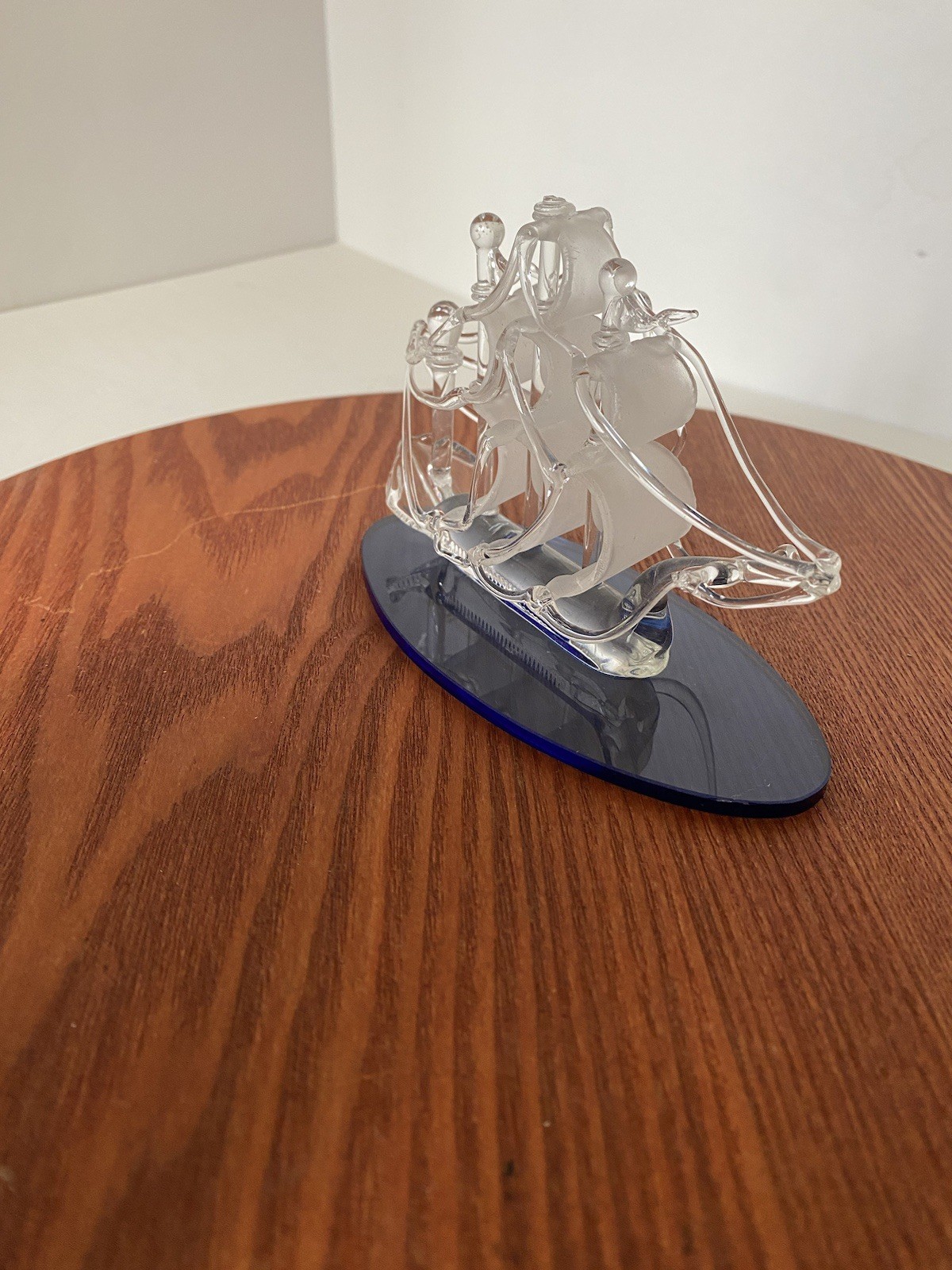 Vintage Hand Spun Glass Figurine Sailboat Pirate Ship Blue Base New