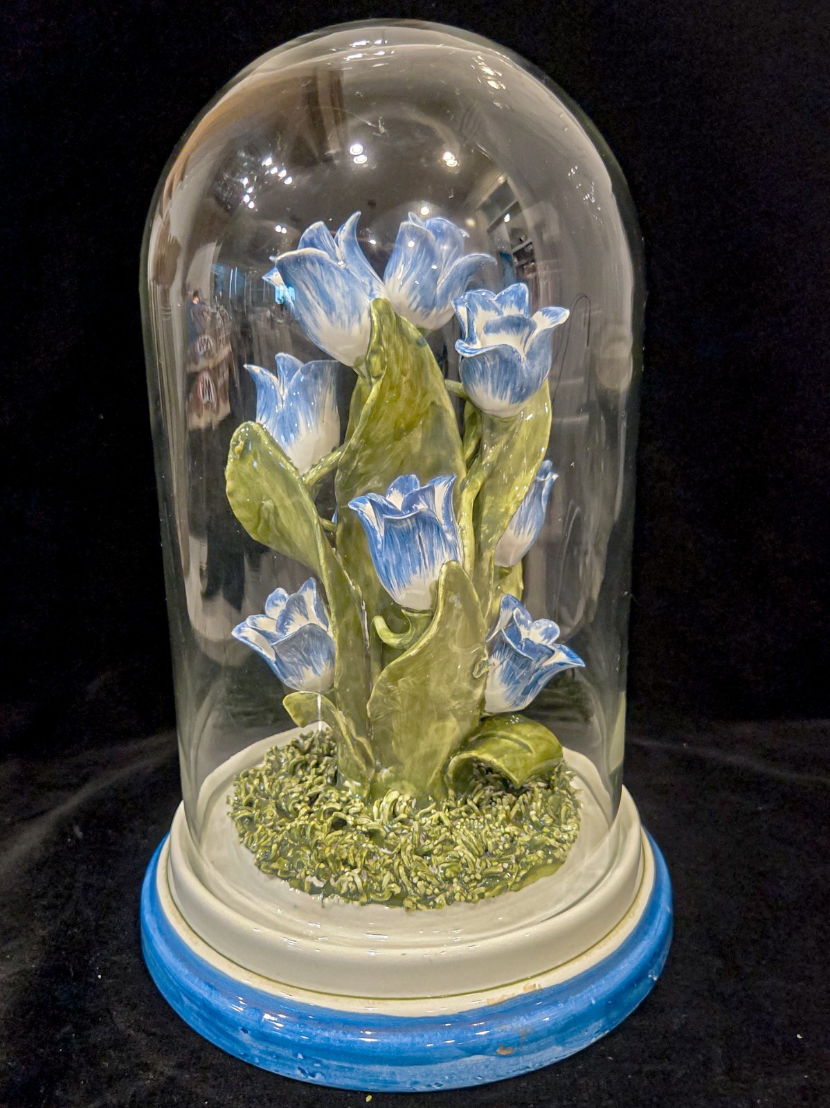 Vintage Costa Italy Ceramic Blue Tulip Flowers Glass Dome Display