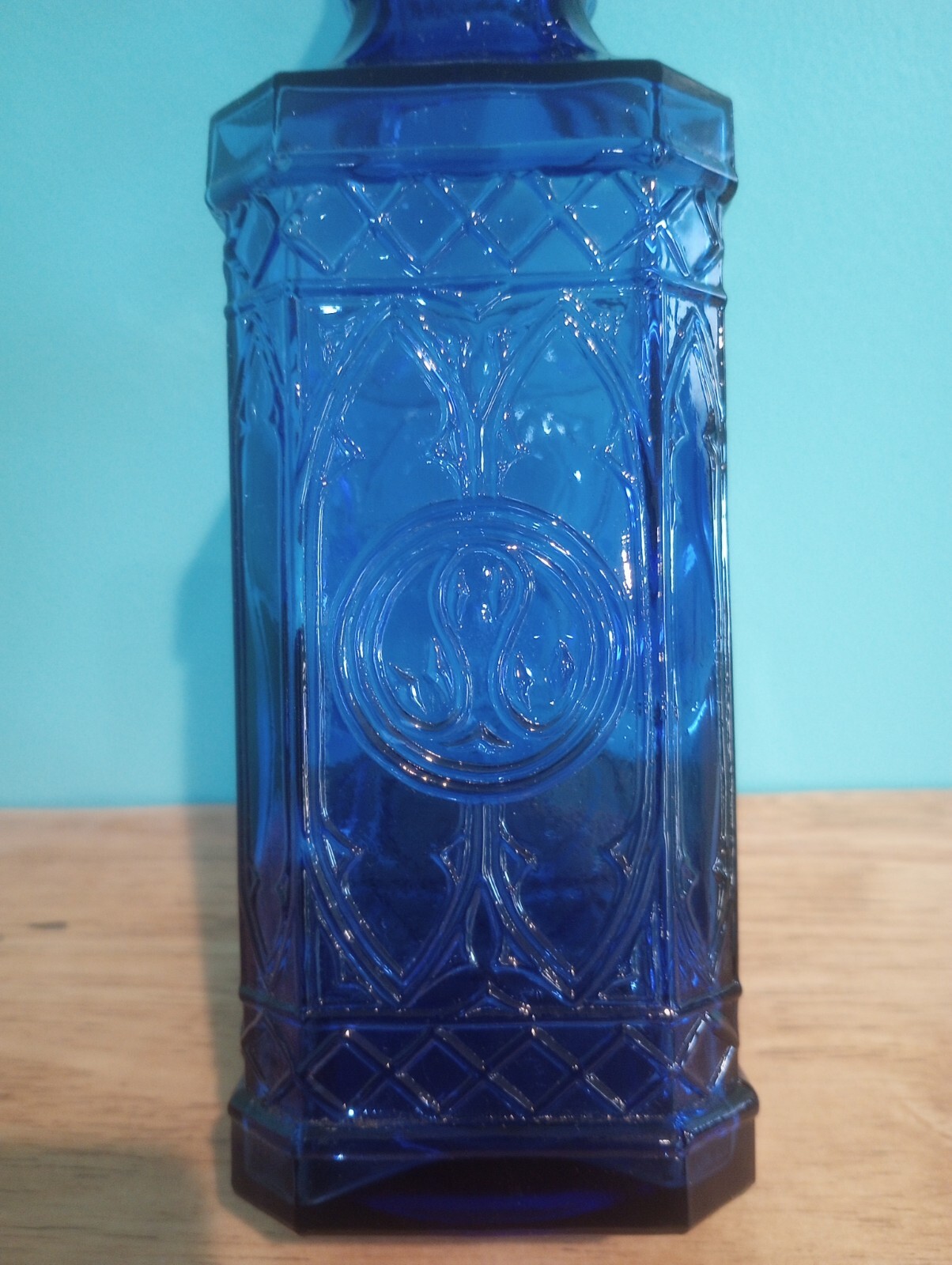 Blown Glass Square Cobalt Blue Glass Bottle Decanter 11.5 Inches Cork Top