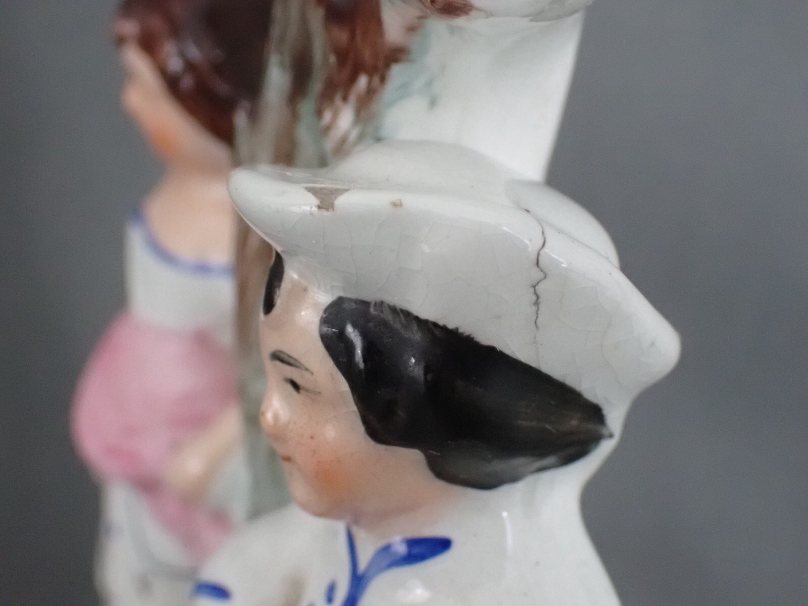 1850s Flatback Staffordshire Pottery Spill Vase Pair Boy/Girl Harvesters #5