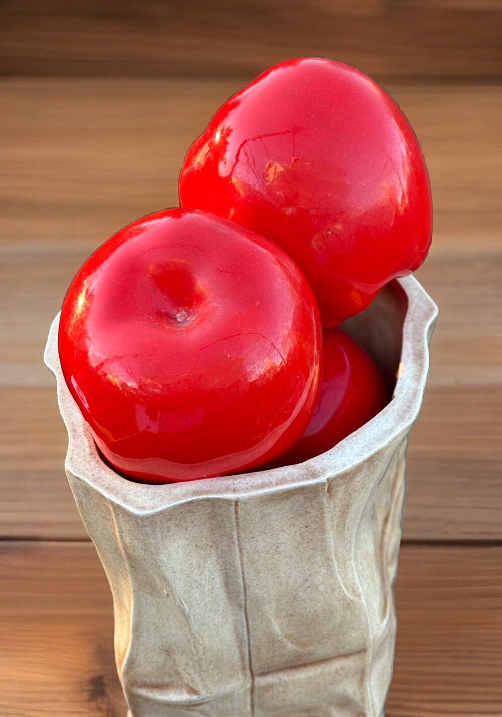 Ceramic Red Apples Brown Bag Pottery Kitchen Farmstand High Gloss Tabletop Decor