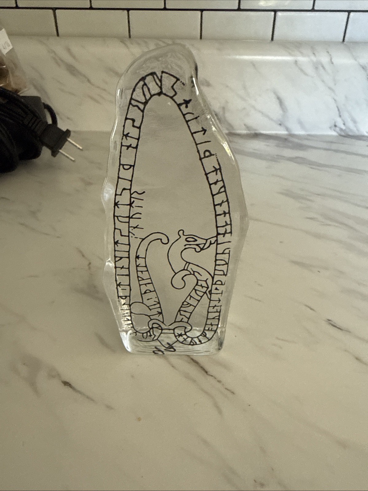 Lindshammar Sweden Handmade Glass Paperweight Runes Dragon Snake Swedish Clear