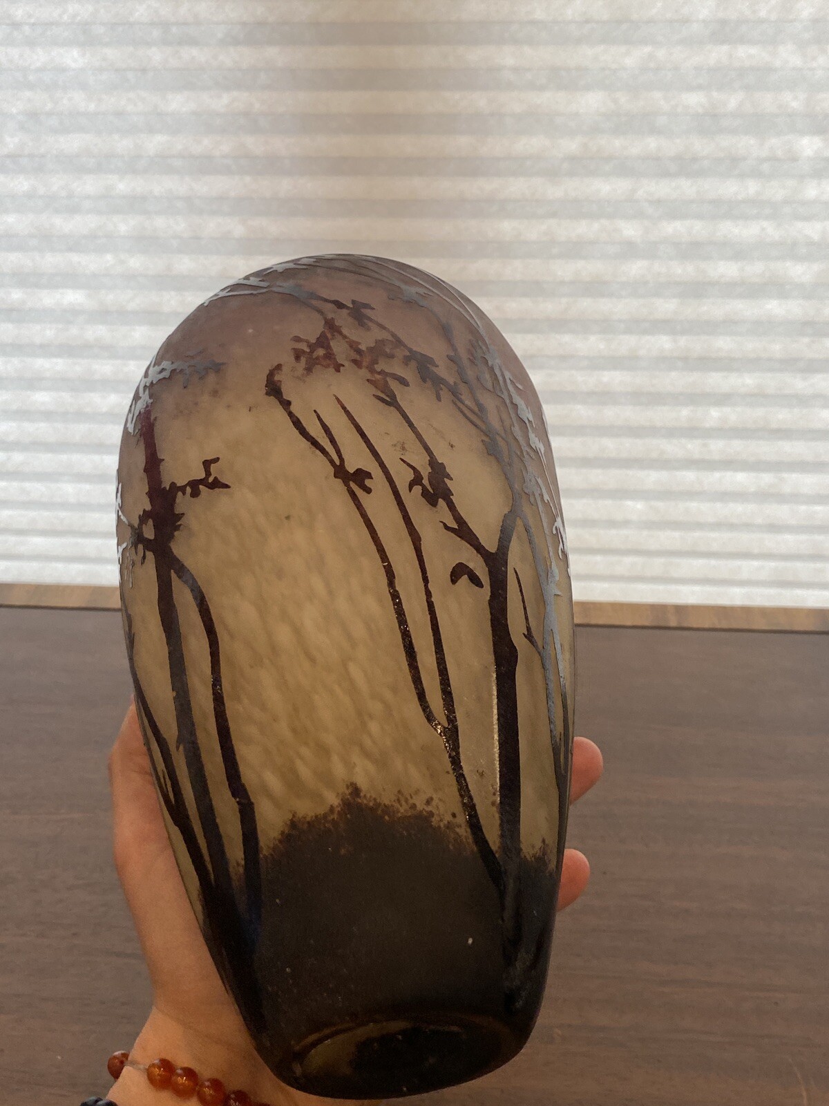 STUNNING VTG Multicolored Acid Etched Tall Trees Cameo Art Glass Vase 11.25″H