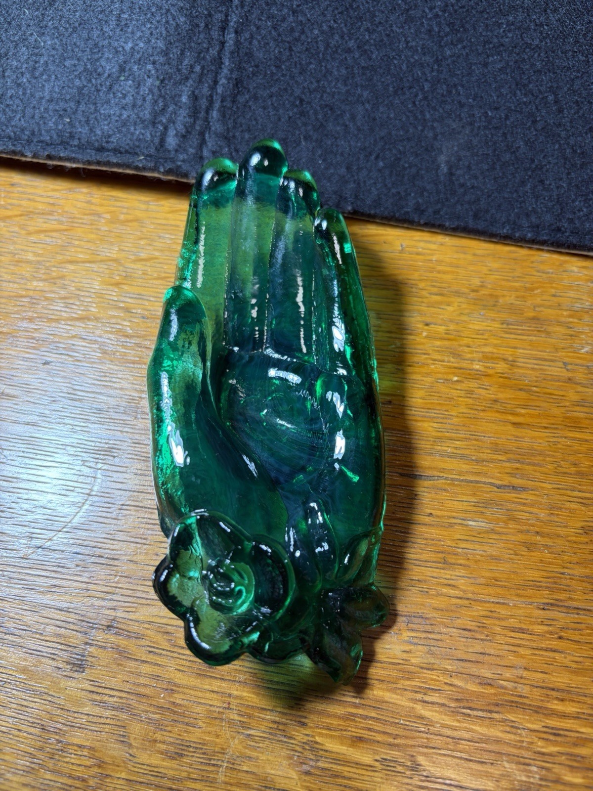 Degenhart Green Glass Ring & Jewelry Dish, Open Hand, Flowers On Wrist