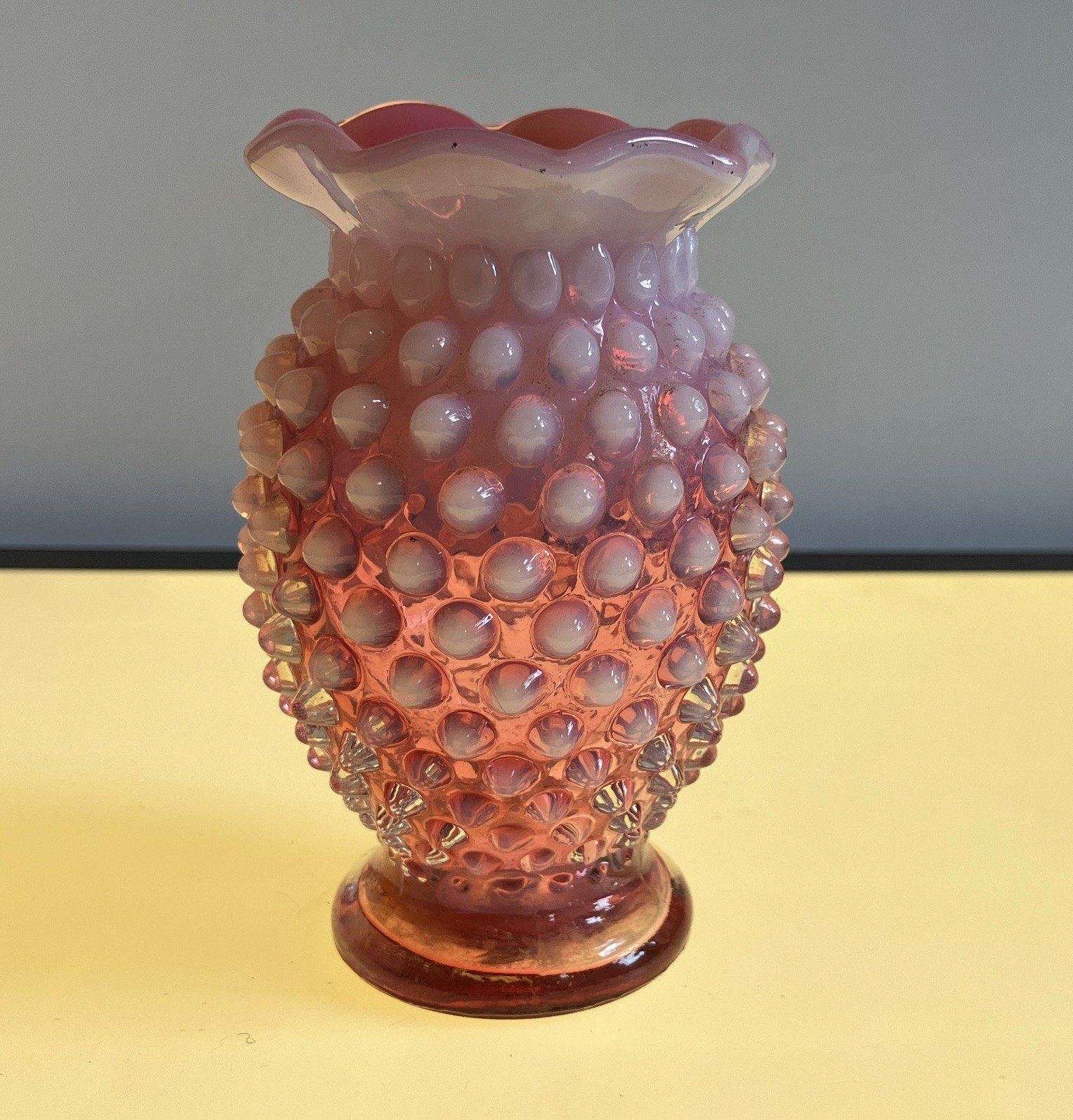 Unmarked Pink & White Hobnail Glass Vase Ruffled Rim Textured Decorative 3 3/4”