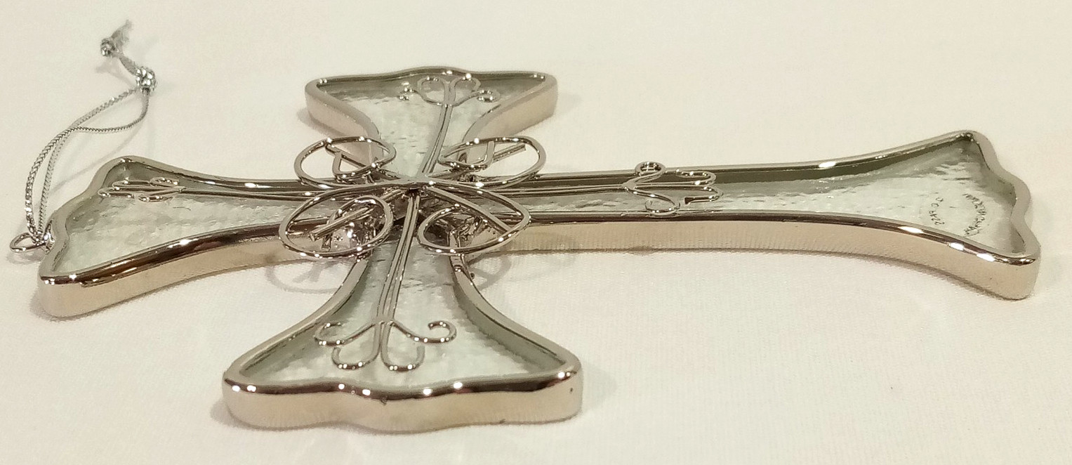 Clear Textured Glass Cross Window Suncatcher Silver Tone Trim Wire Filigree 4.5″
