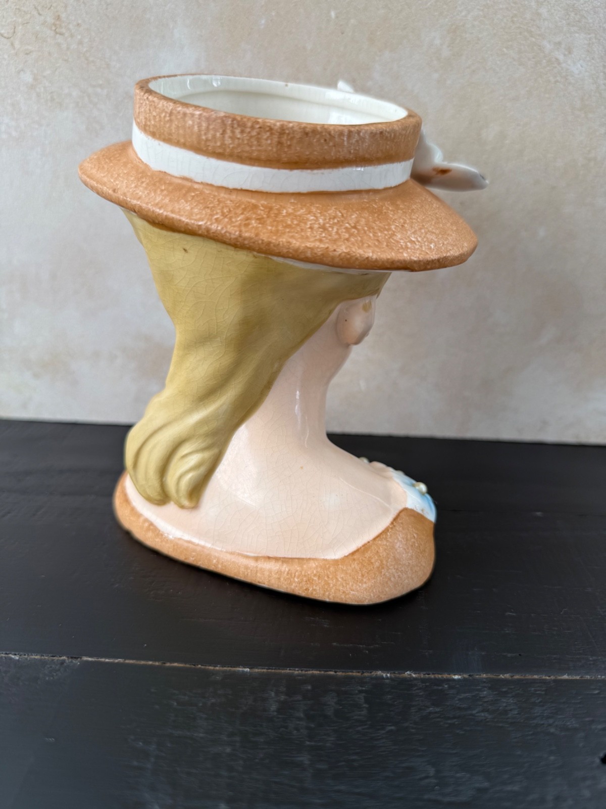 VINTAGE LADY HEAD VASE RUBENS BLONDE BURNT ORANGE DRESS HAT APPLIED FLOWER 5.5”