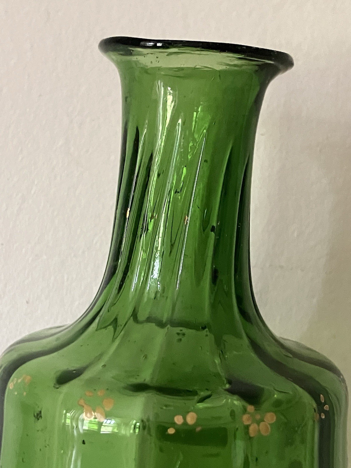 Antique Victorian Green Art Glass Vase Bottle Hand Painted Lily Of The Valley