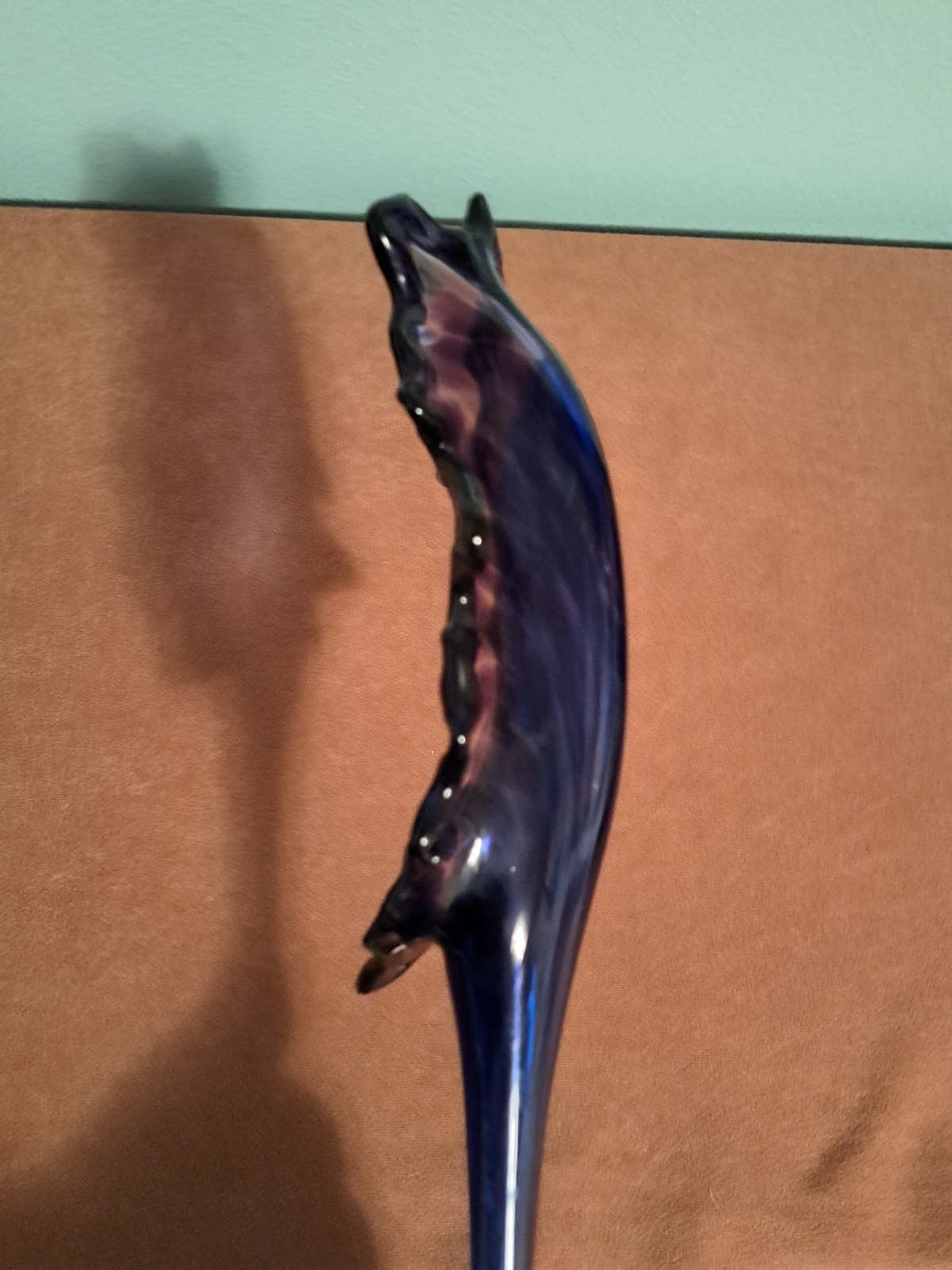 Hand Blown Art Glass Ruffled Trumpet Vase MCM Purple Blue Long Stem