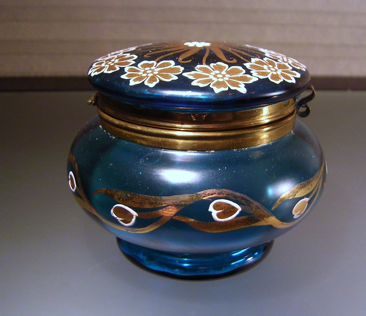 Antique Moser Style Peacock Blue & Gold Glass Dresser Box Hand Enameled