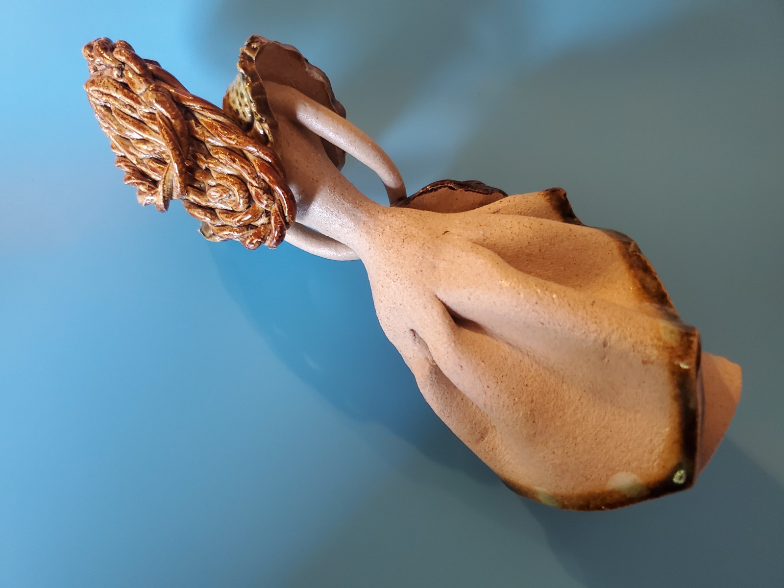 Spaghetti Hair Clay Art Pottery 9.5 Inches Tall Sculpture Woman Holding Hat