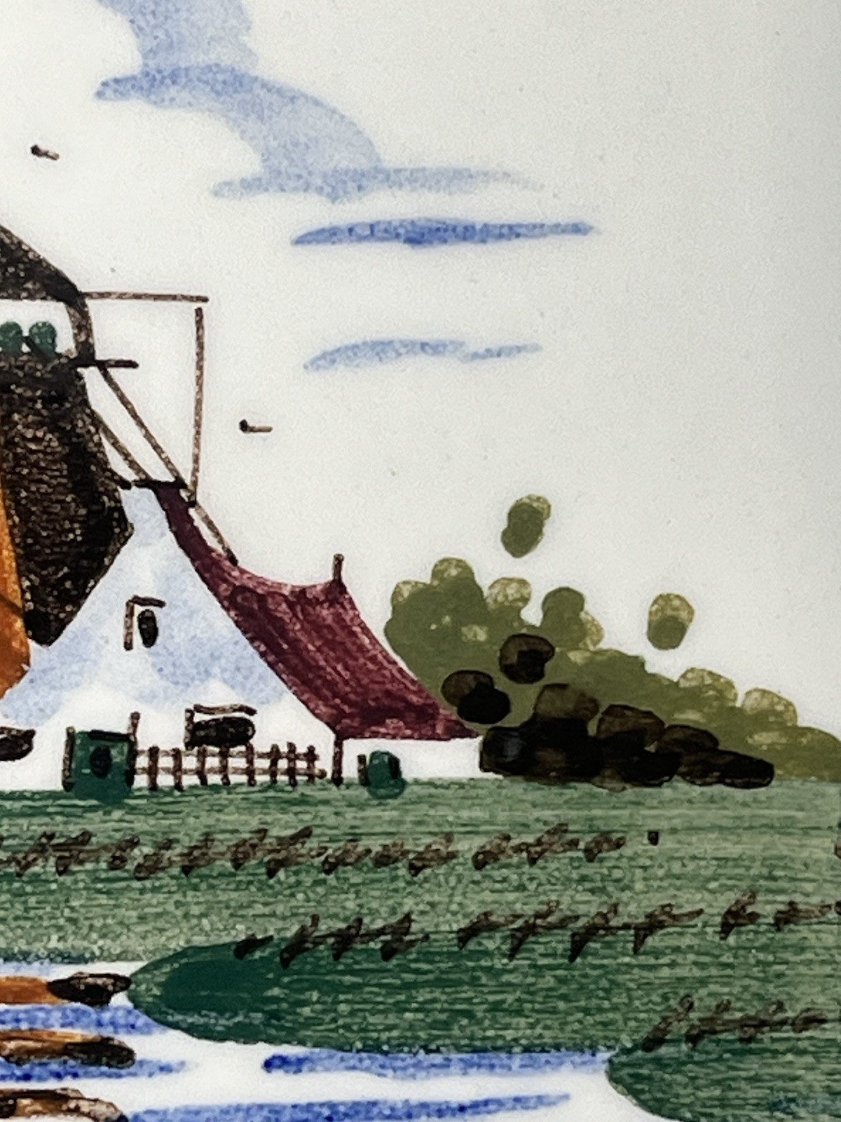 Vintage De Delftse Pauw D.P. Delft Tile Hand Painted Windmill Scene 4.25” NICE!