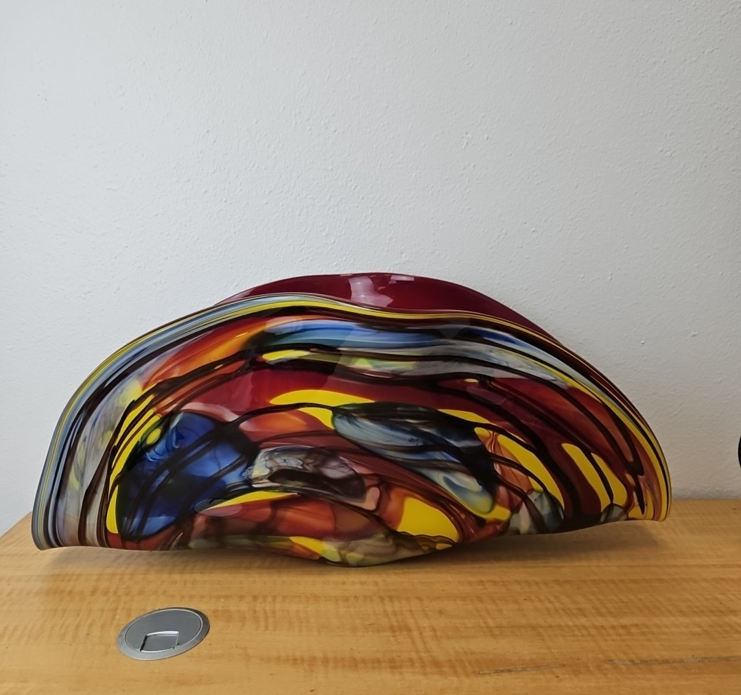 Centerpiece Hand Blown LARGE Art Glass Bowl Vase Heavy Red, multicolor, 23 1/8″