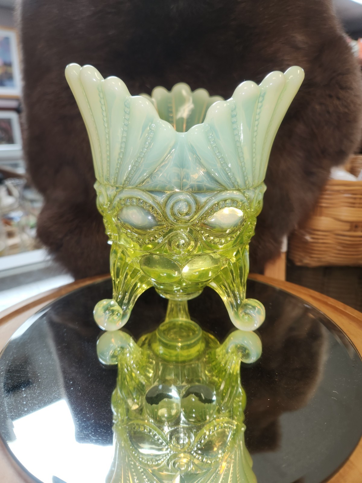 Mosser Opalescent Vaseline Uranium “Eye Winker” Footed Spooner