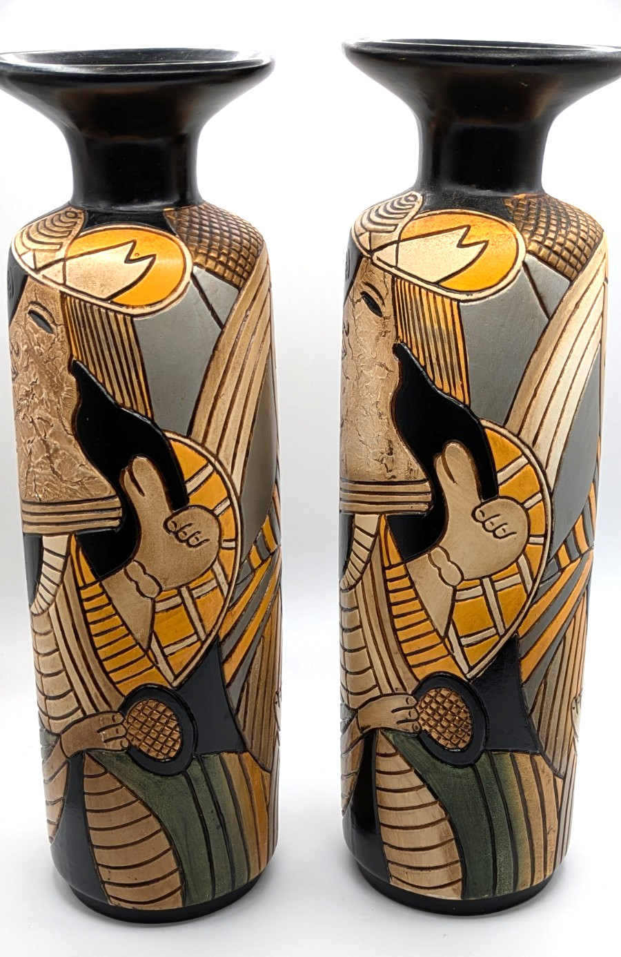 2 PICASSO STYLE CUBIST CERAMIC VASES MATCHED PAIR HAND PAINTED ABSTRACT FACE 16″