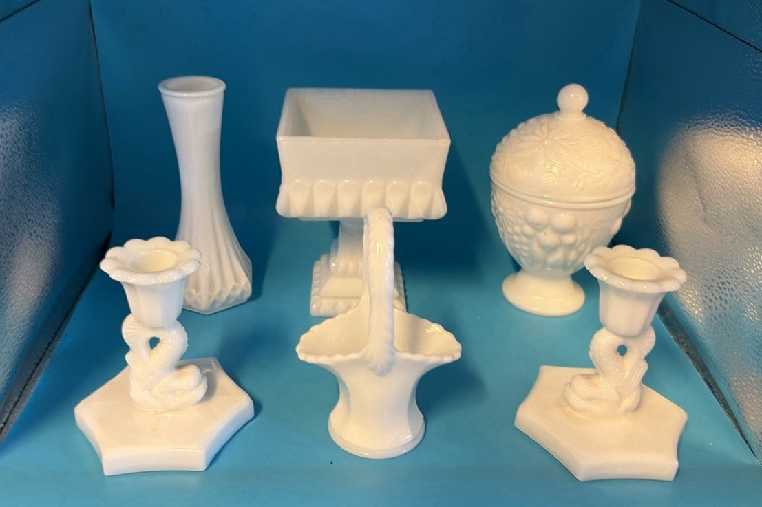 Vintage White Milk Glass Lot Bud Vase Covered candy Jar Compote Candle Holders