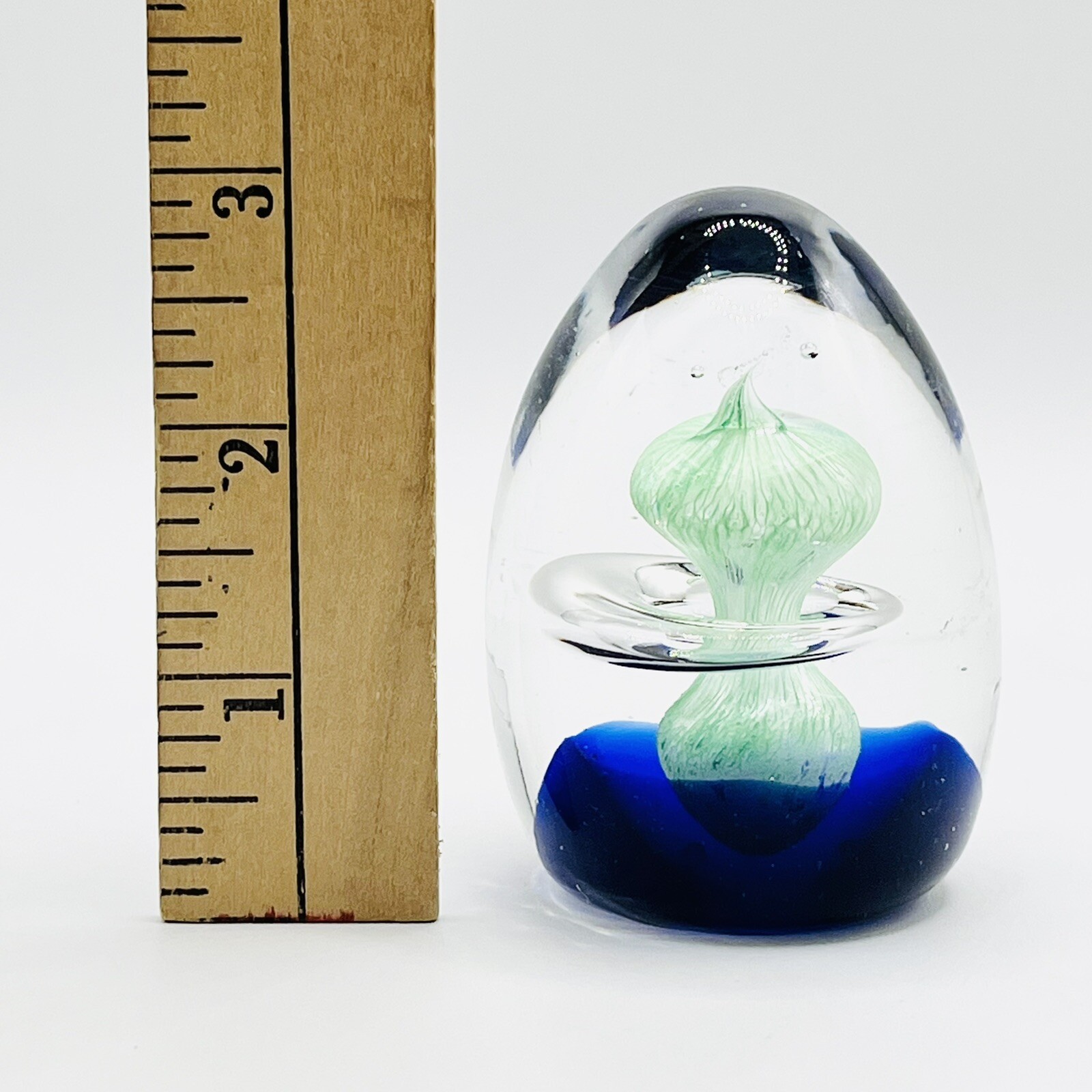 Vintage Art Glass Paperweight Egg Shape Green Alien Cobalt Blue 2.75”(H) 2”(Dia)