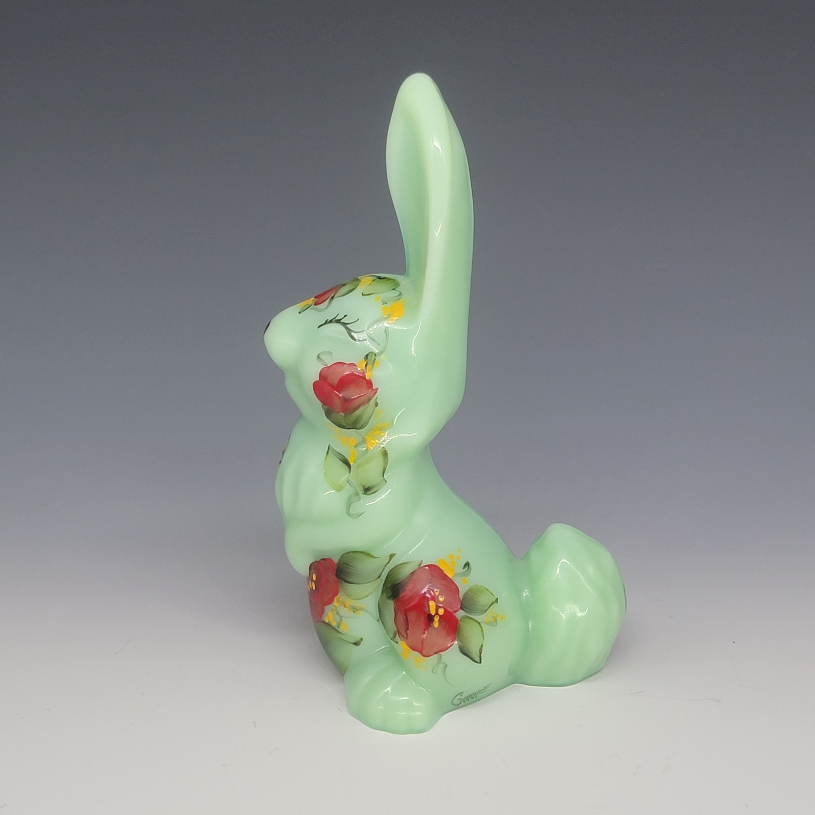 Vintage MOSSER Glass Jadeite Jade Green Thumper Rabbit Hand Painted Signed 6.5”