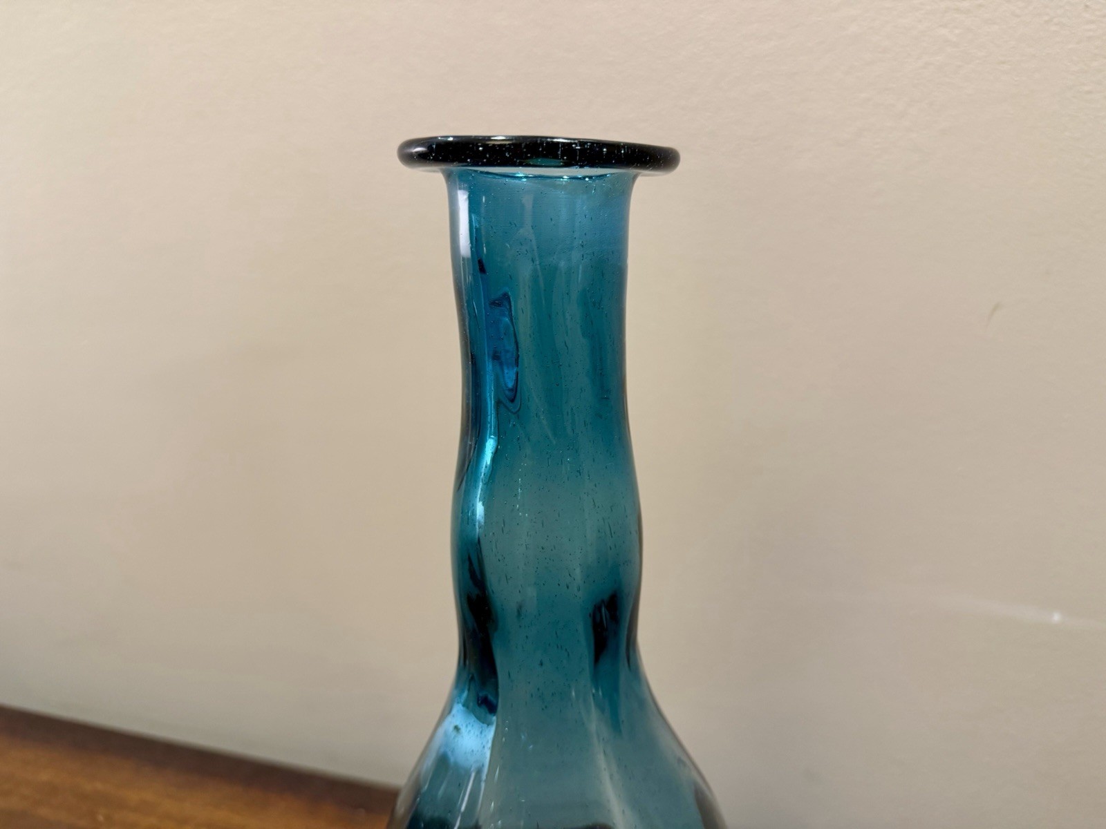 Vintage Teal Blue Hand Blown Glass Decanter Vase, 1960s, 12.5” tall
