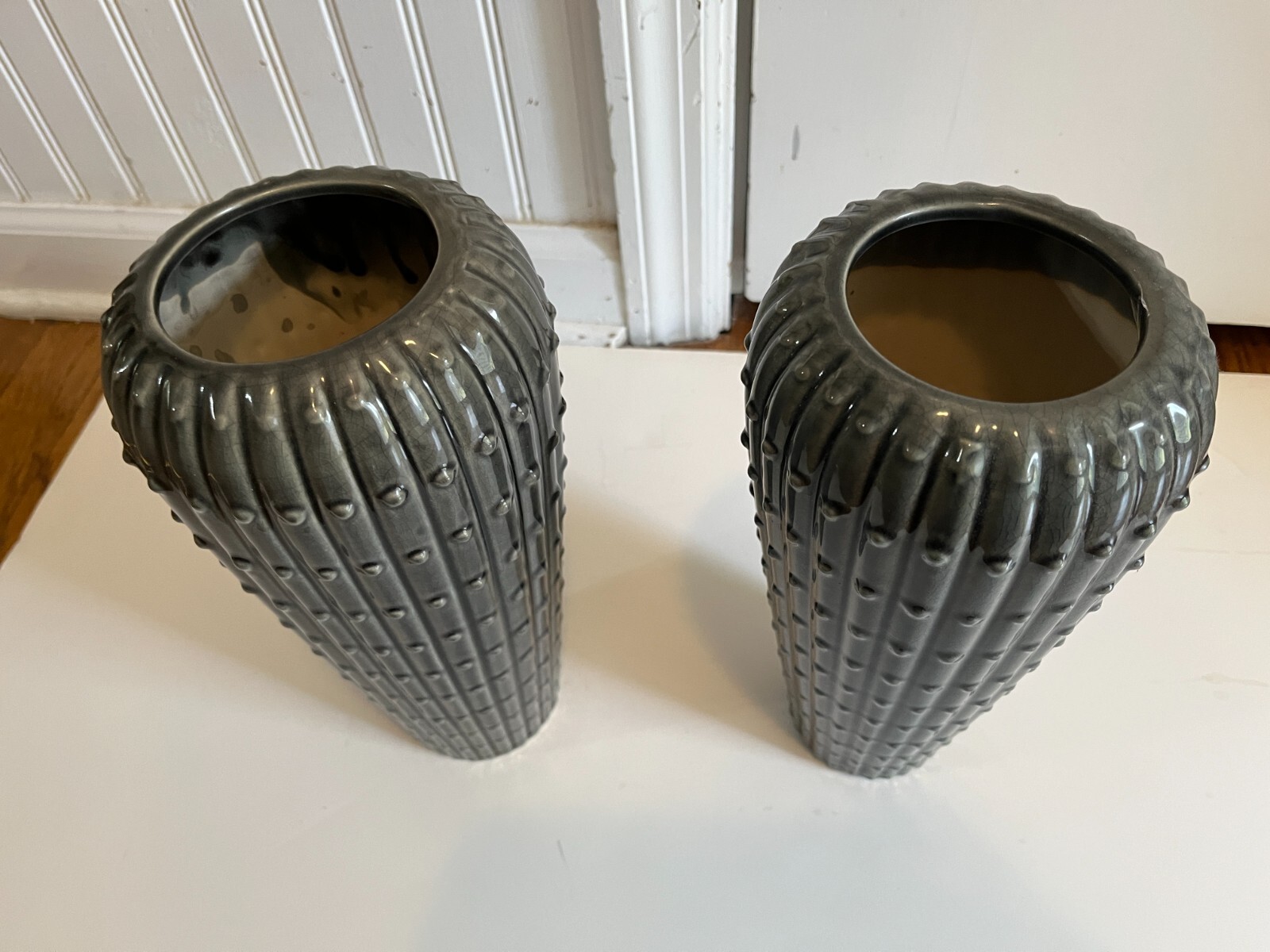 Dot Ceramic Gray GLAZE w/dots pair of Vases Home Decor 10.5 in. tall