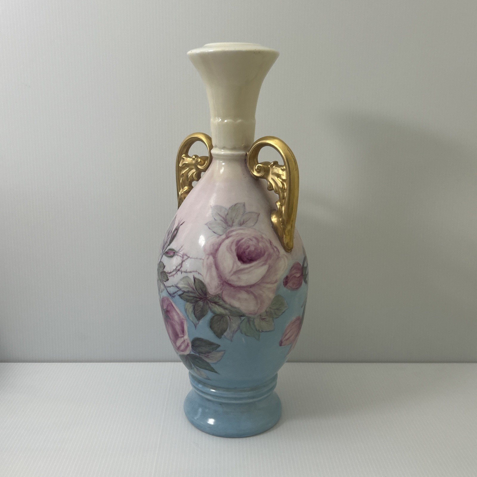 Vintage Nippon Hand Painted Porcelain Vase Gilded Gold Double Handles Pink Roses