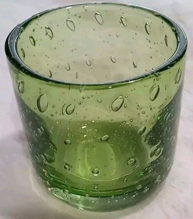 Thick 4×4″ Green Controlled Bubble Art Glass Short Vase Or Candle Holder Vintage