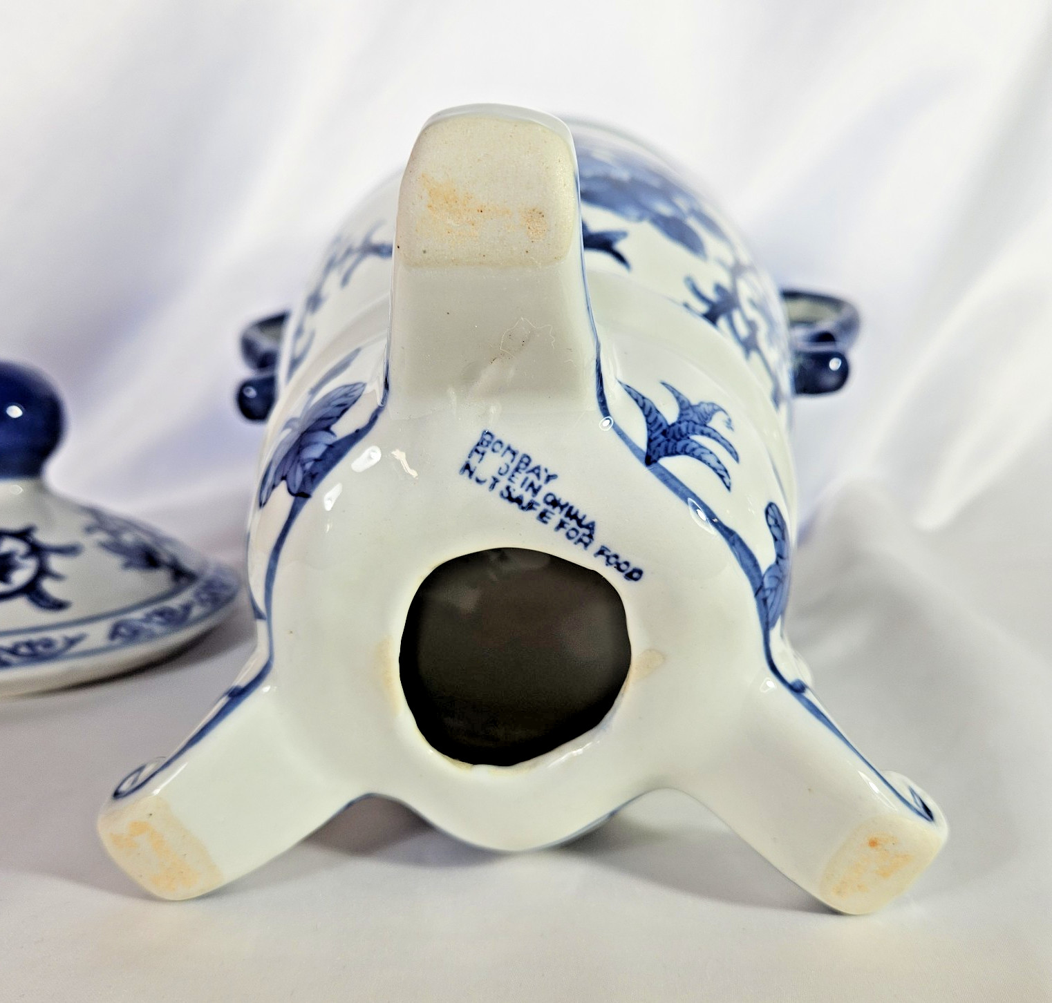 Vintage Bombay Company Blue and White Ceramic Ginger Jar Urn w/ Handles Feet Lid