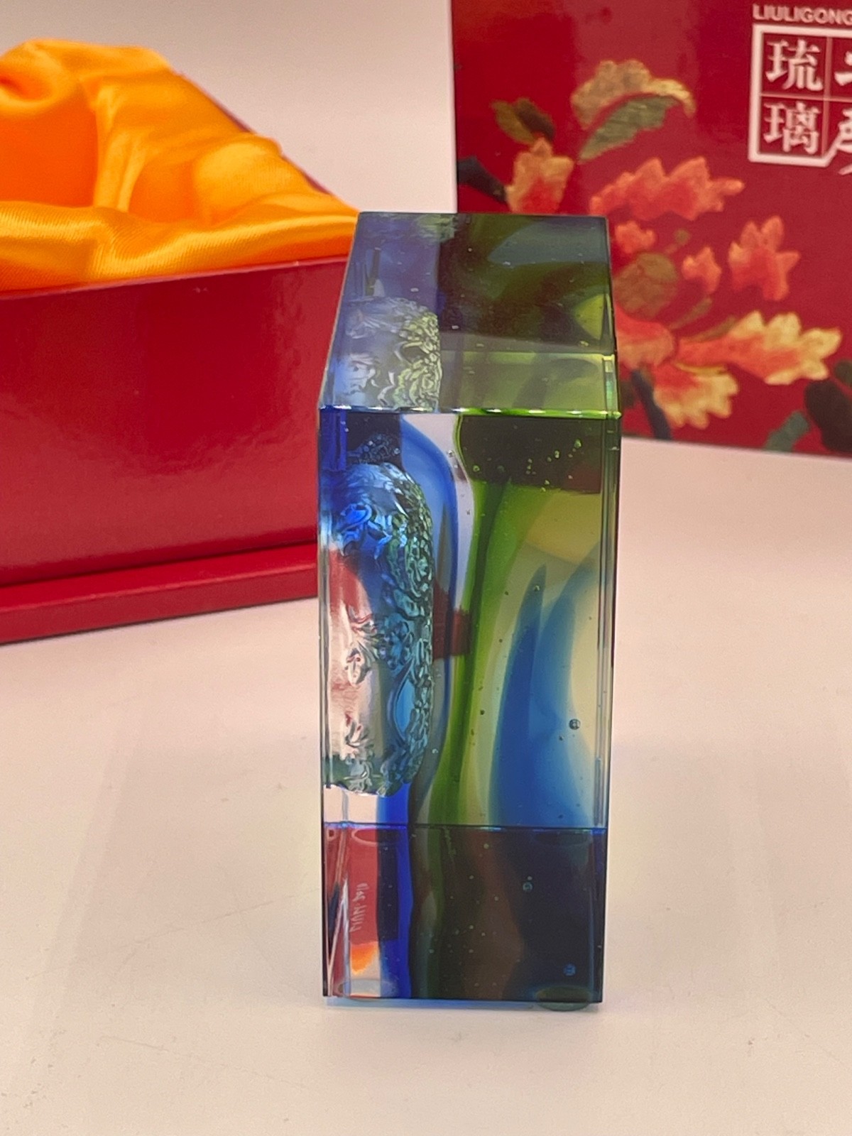 Liuligongfang Green and Blue Crystal Art Glass Paperweight, 2010, with Booklet