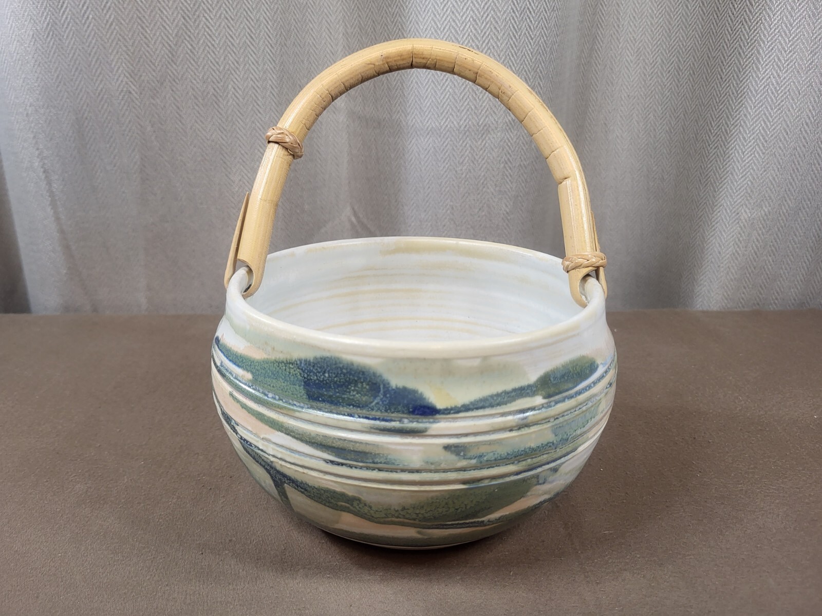 Studio Art Pottery Basket Bowl With Rattan Handle Artist Signed