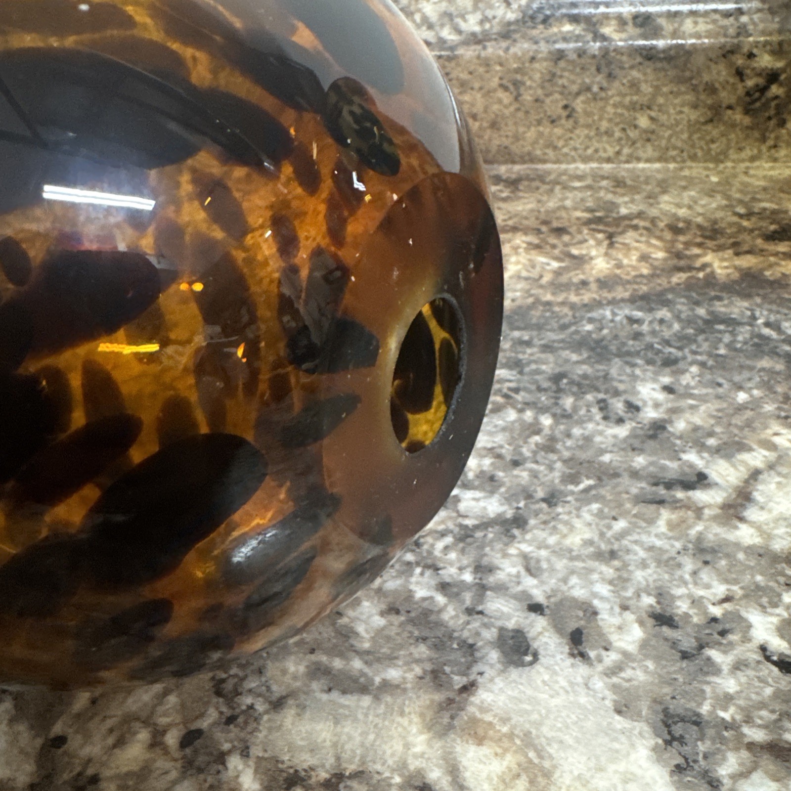Vintage Amber Tortoise Spotted Art Glass Vase – Hand-Blown MCM Round Topper 12.5