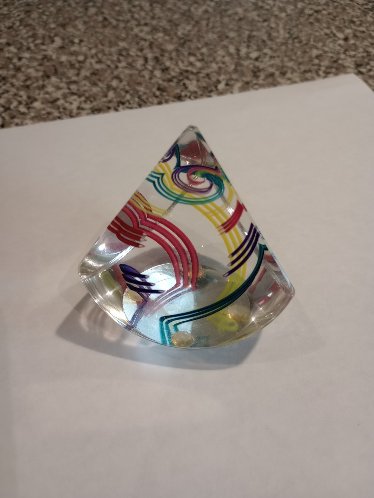 Paul Harrie Art Glass signed paperweight rainbow pyramid triangular Candy swirl