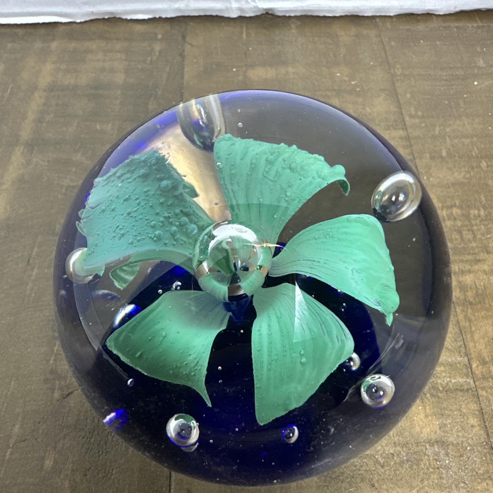 Art Glass Floral Green/Blue Flower Paper Weight Controlled Bubbles