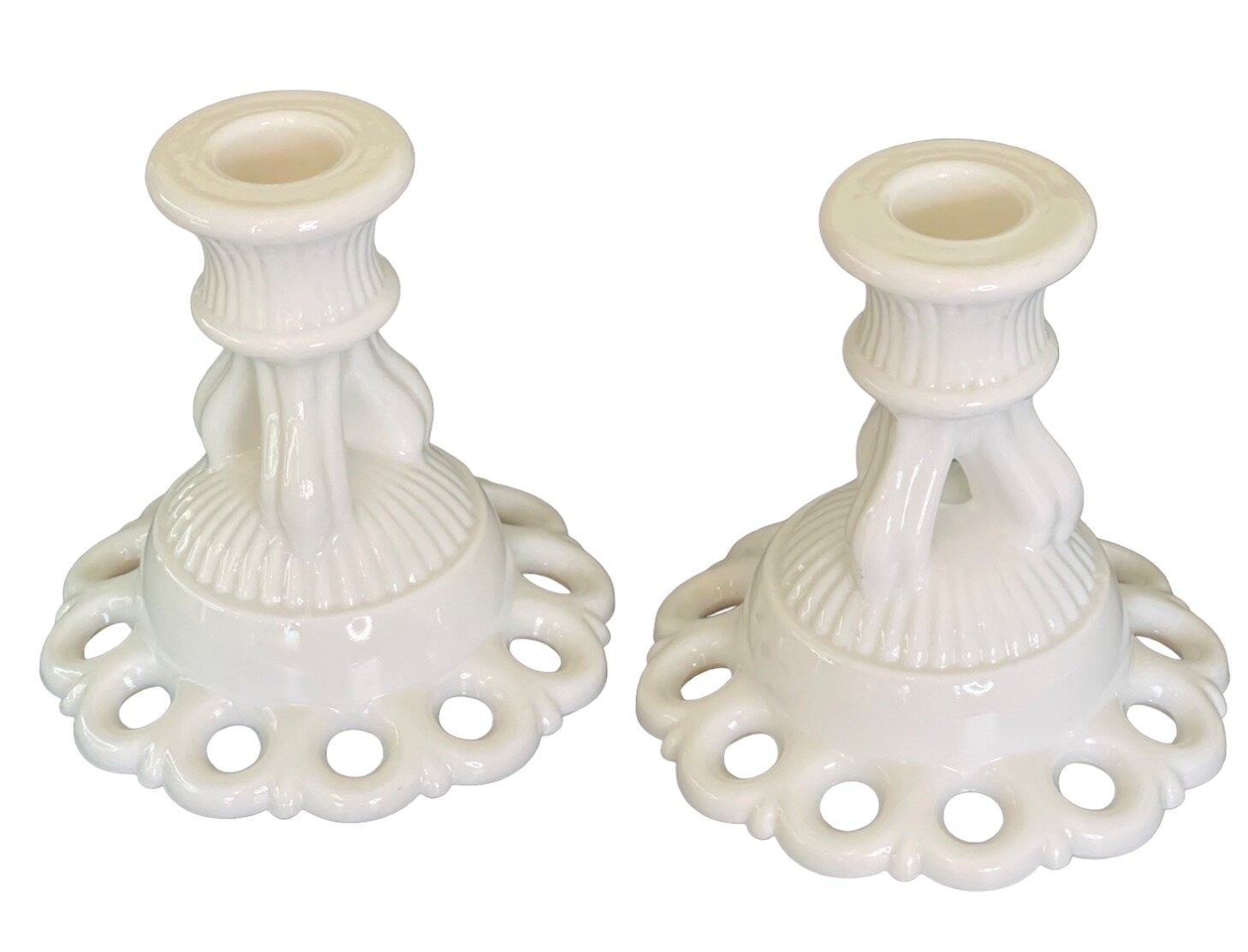 Vintage Westmoreland White Milk Glass Candlestick Holder Set Doric Lace 4.25″