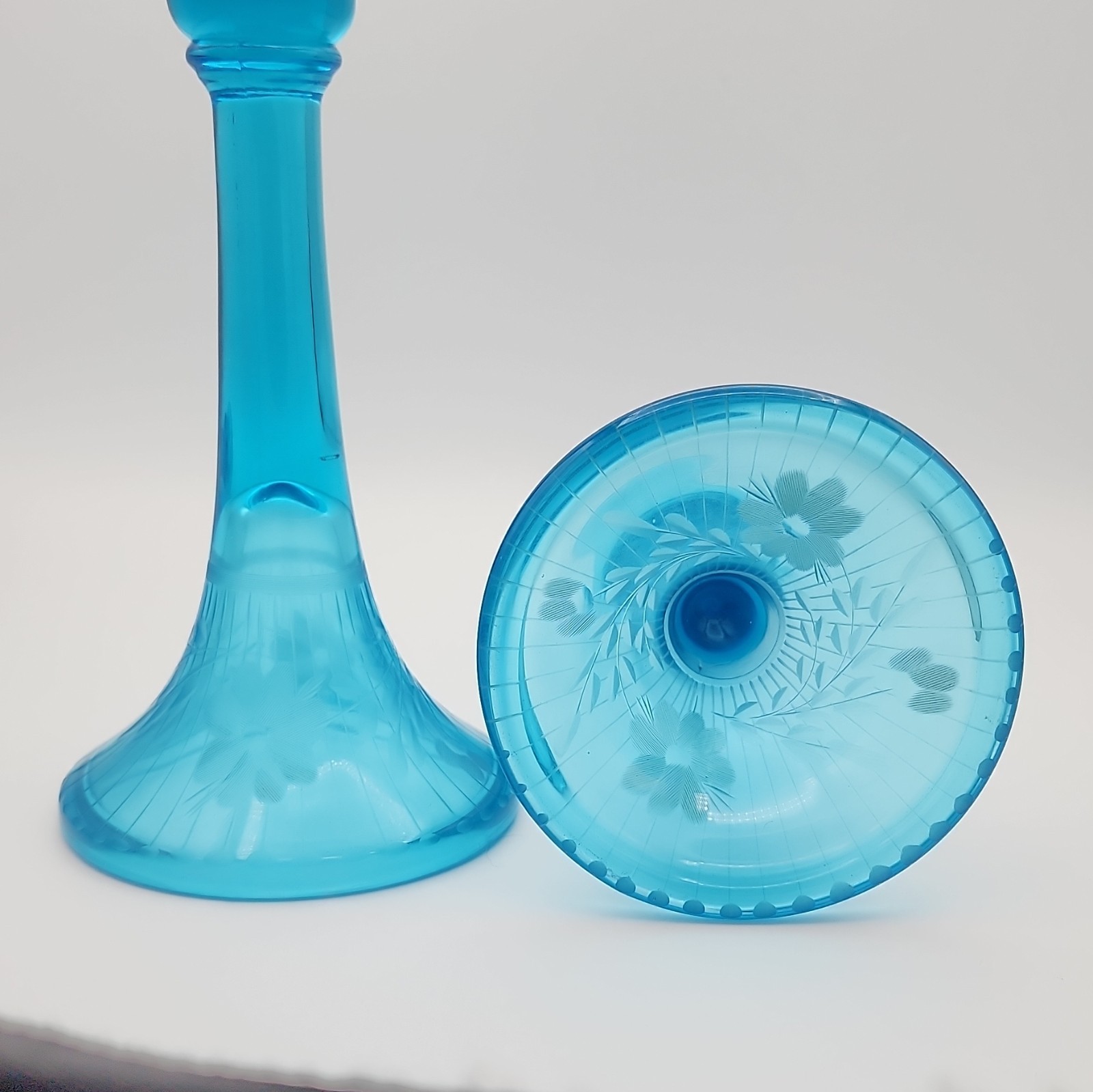 Rare Vintage Tiara Exclusives Duchess Horizon Blue Candlesticks, Daisy Etched